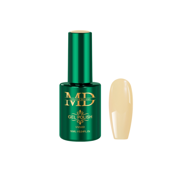 Green gel polish bottle with a yellow nail tip color swatch on a white background