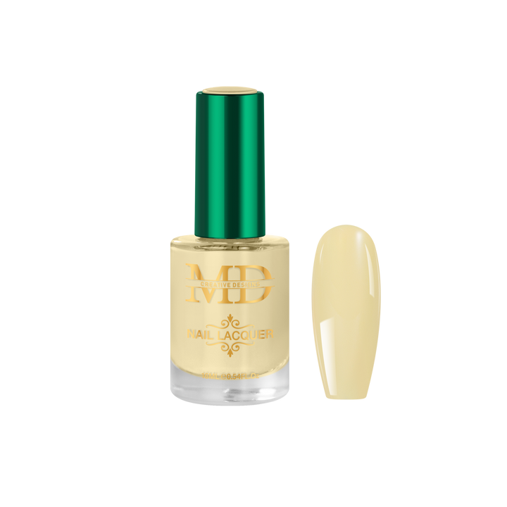 Nail polish bottle with green cap and yellow nail tip color swatch on a white background