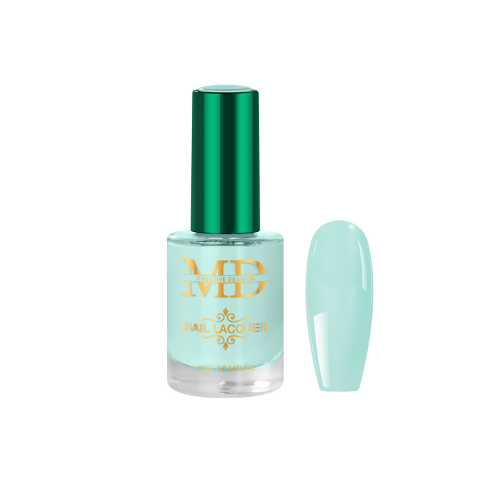 Light blue nail polish bottle with green cap on a white background