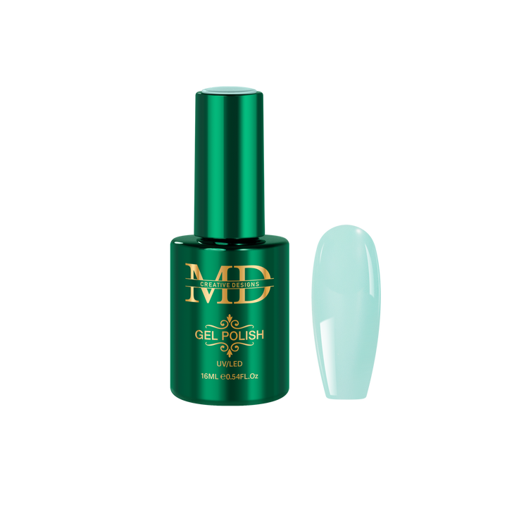 Green gel polish bottle with a matching nail tip color swatch on a white background