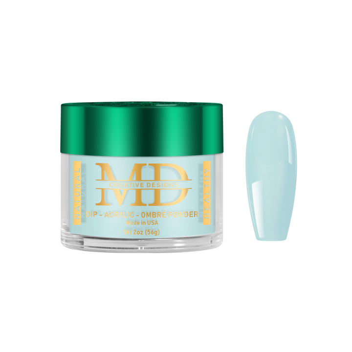 Jar of light blue powder with a green lid on a white background