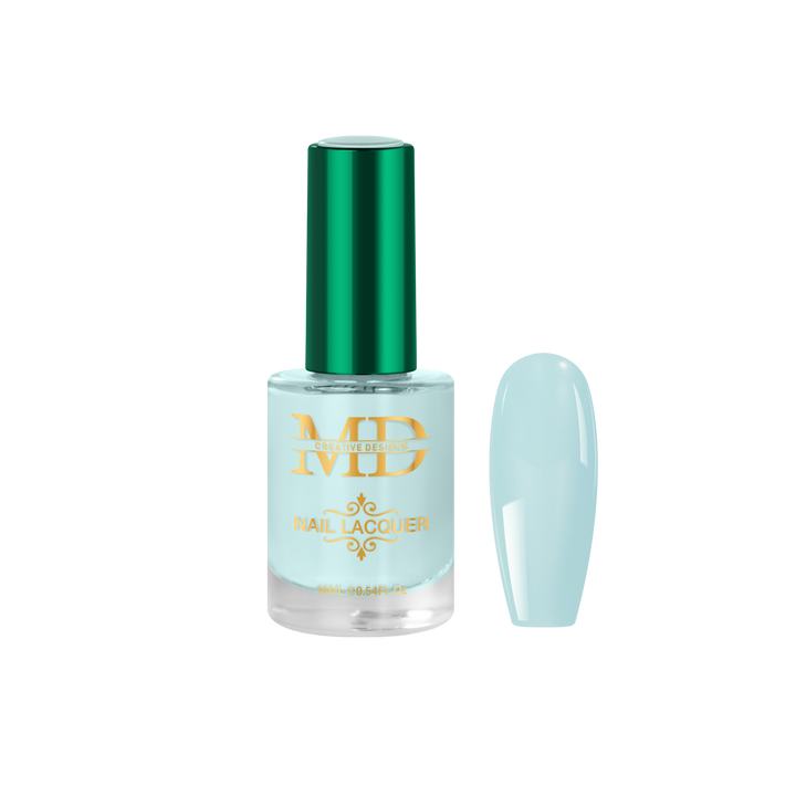 Nail polish bottle with green cap and light blue nail color on a white background