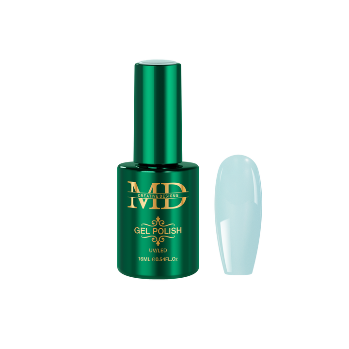 Green gel polish bottle with a matching nail tip color swatch on a white background