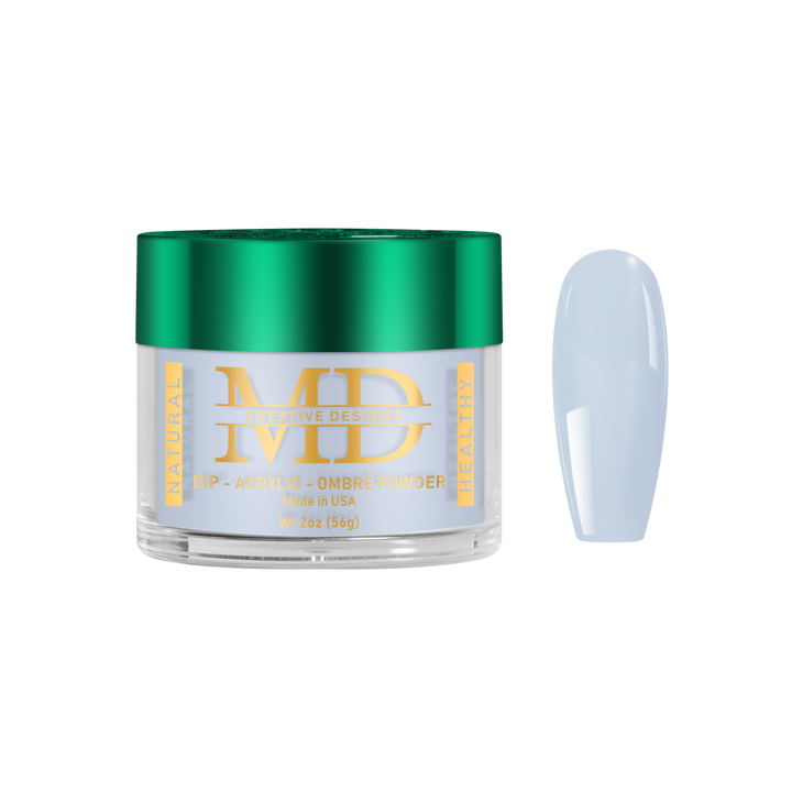 Jar of MD powder with a green lid and gold text, next to a light blue nail tip color swatch on a white background.