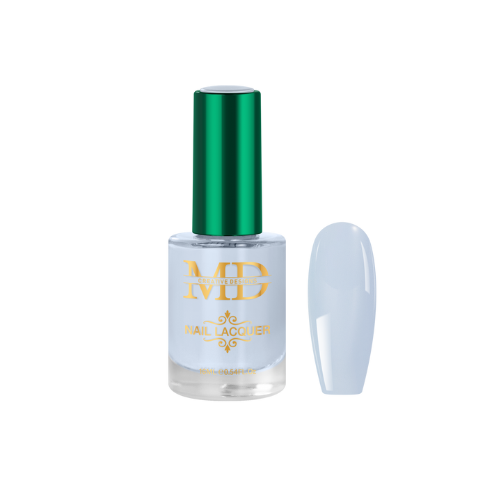 Nail polish bottle with green cap and gold text on a white background