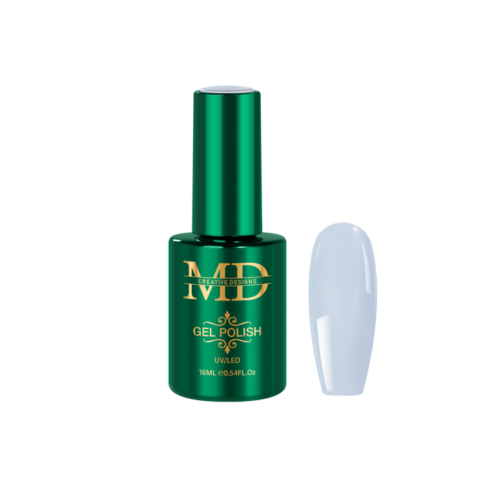Green gel polish bottle with a light blue nail tip color swatch on a white background