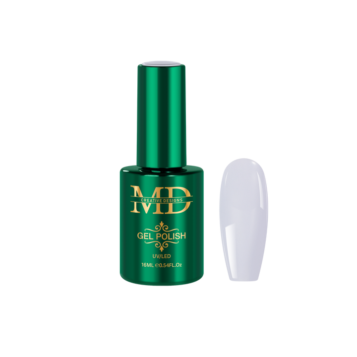 Green gel polish bottle with a white nail tip color swatch on a white background