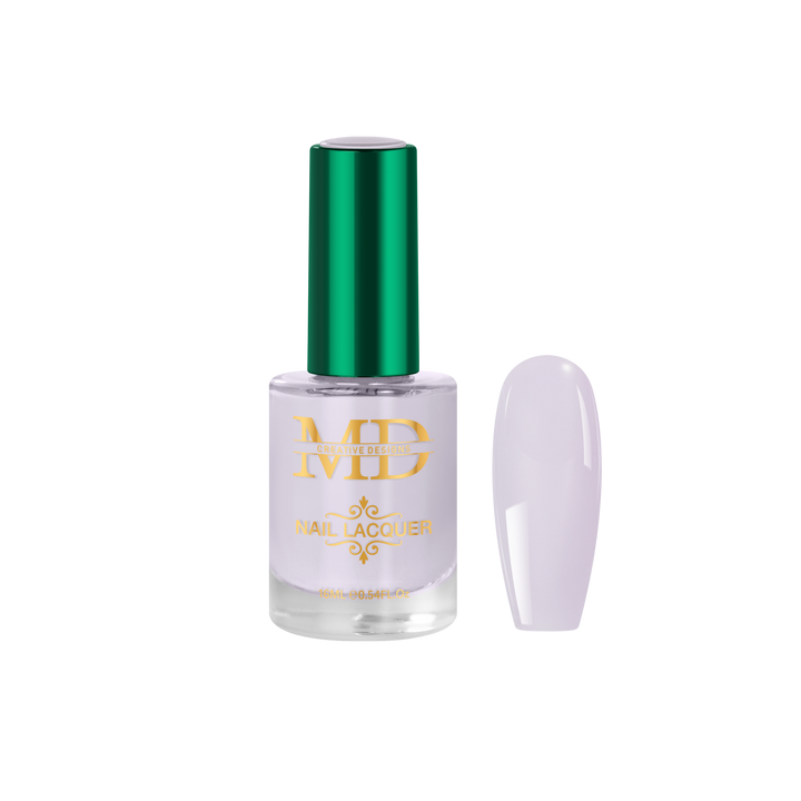 Bottle of nail polish with a green cap and gold text on a white background