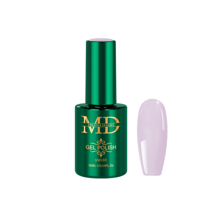 Green bottle of gel polish with a purple pink nail tip color swatch on a white background
