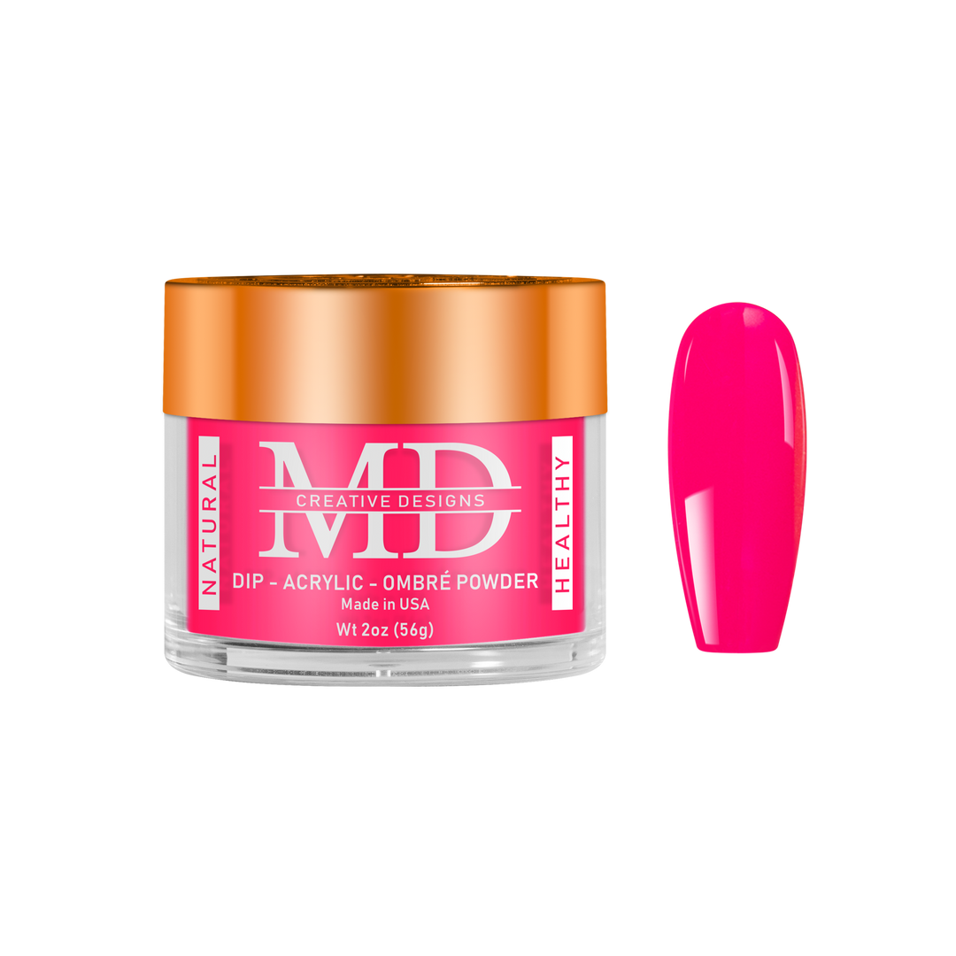 Pink nail powder in a jar with a matching pink nail tip swatch on a white background