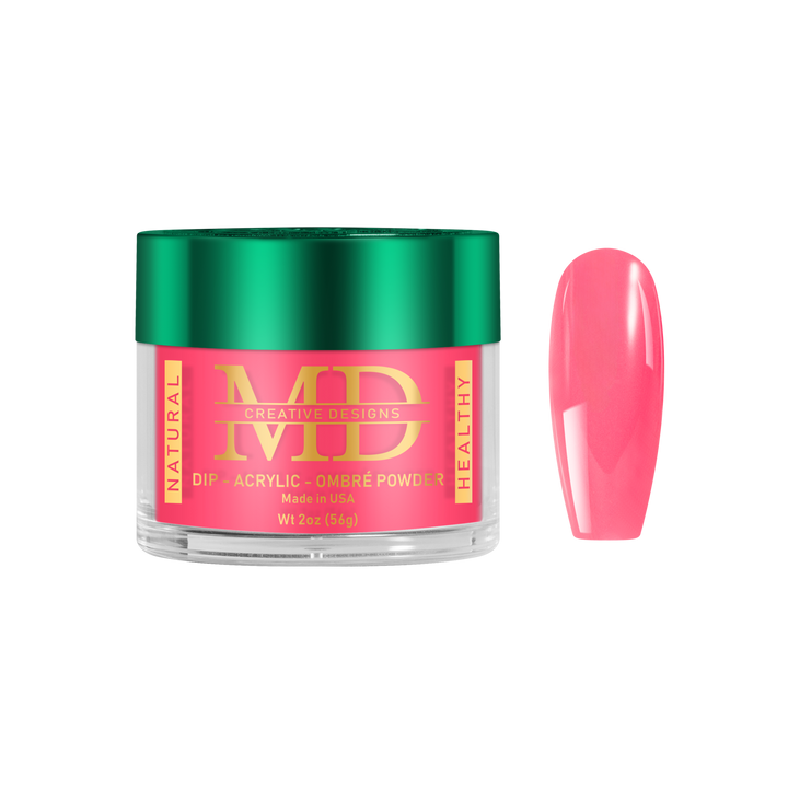 Jar of MD nail powder with a pink nail tip color swatch on a white background