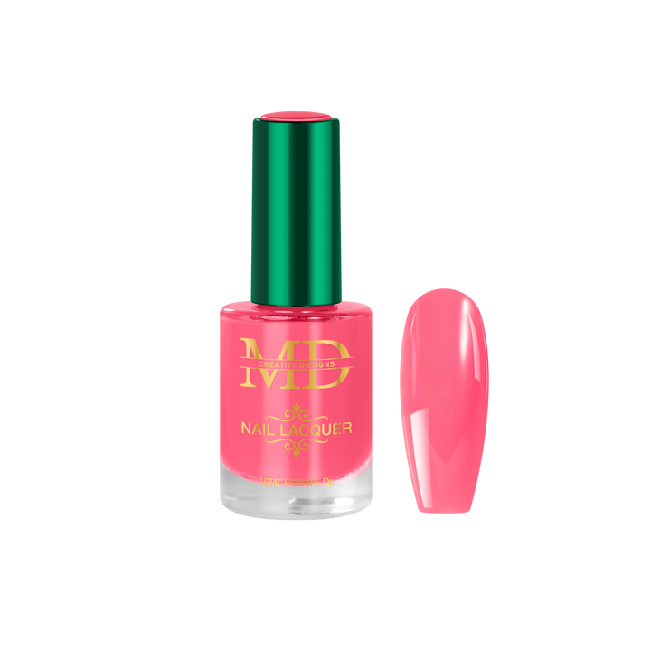 Pink nail polish bottle with green cap on a white background