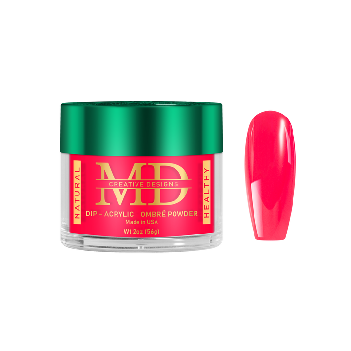 Jar of MD nail powder with a pink nail tip color swatch on a white background