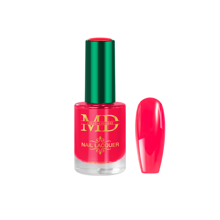 Pink nail polish bottle with green cap on a white background