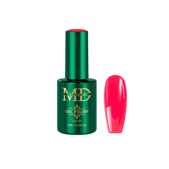 Green gel polish bottle with a pink nail tip color swatch on a white background