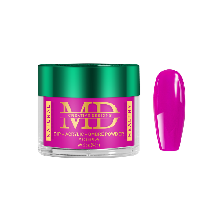 Jar of MD nail powder with a pink nail tip color swatch on a white background