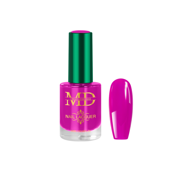 Pink nail polish bottle with green cap on a white background
