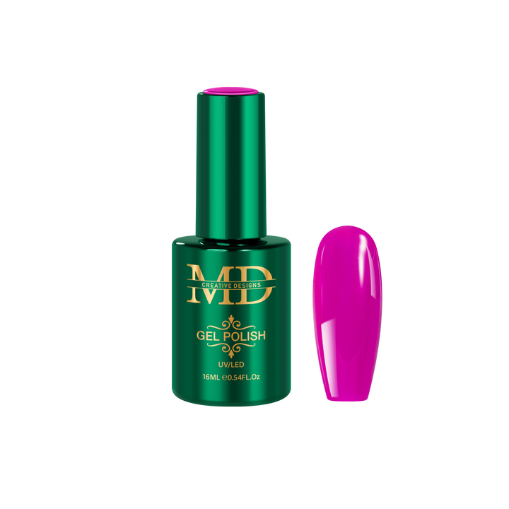 Green gel polish bottle with pink nail tip color swatch on a white background