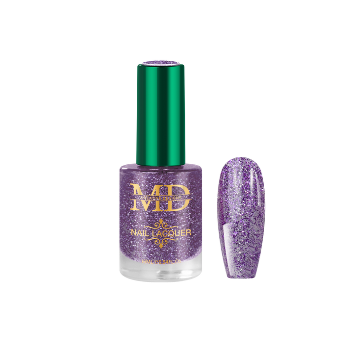 Purple glitter nail polish bottle with green cap on a white background