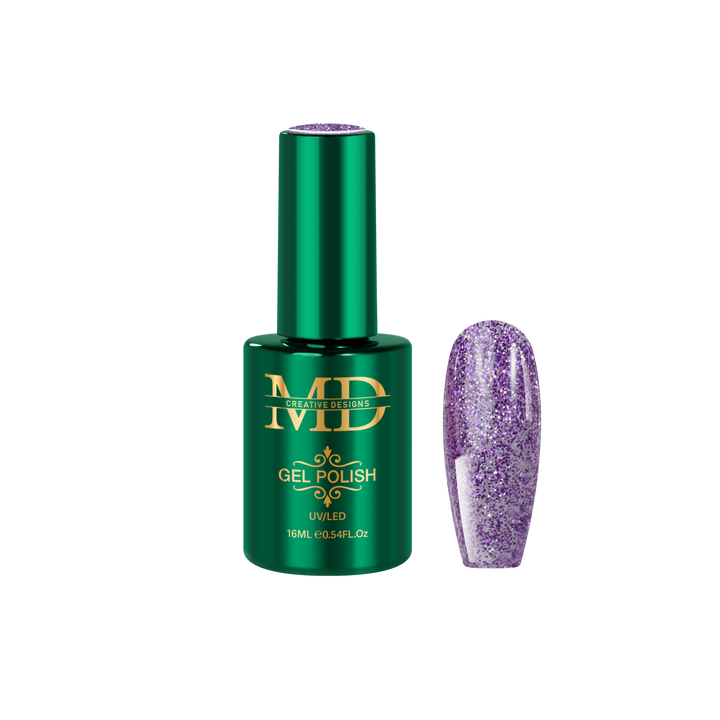 Green gel polish bottle with gold text and a purple glittery nail tip next to it on a white background