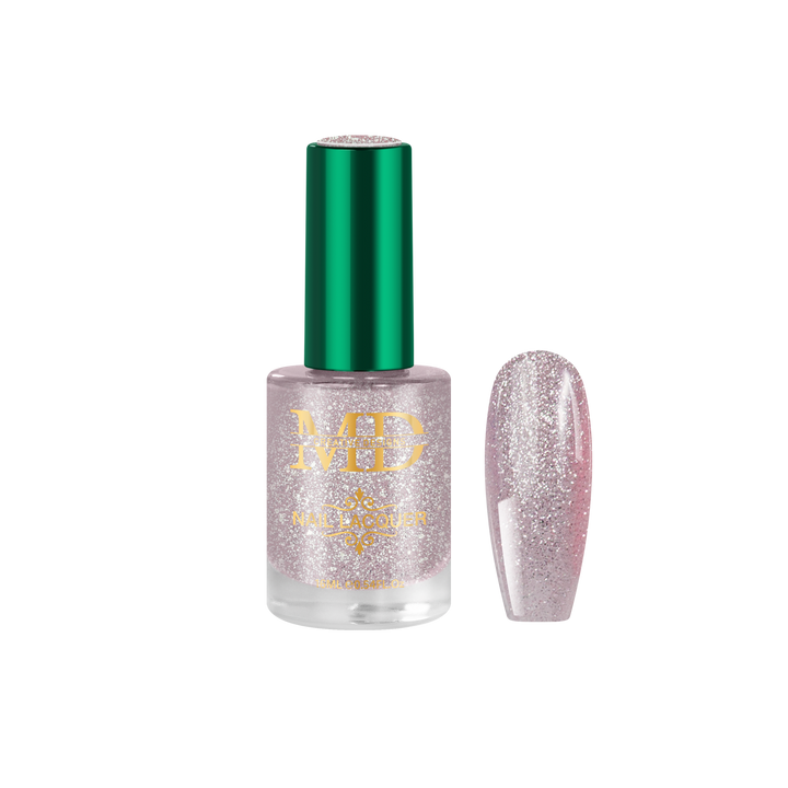 Nail polish bottle with green cap and glittery pink nail tip color swatch on white background