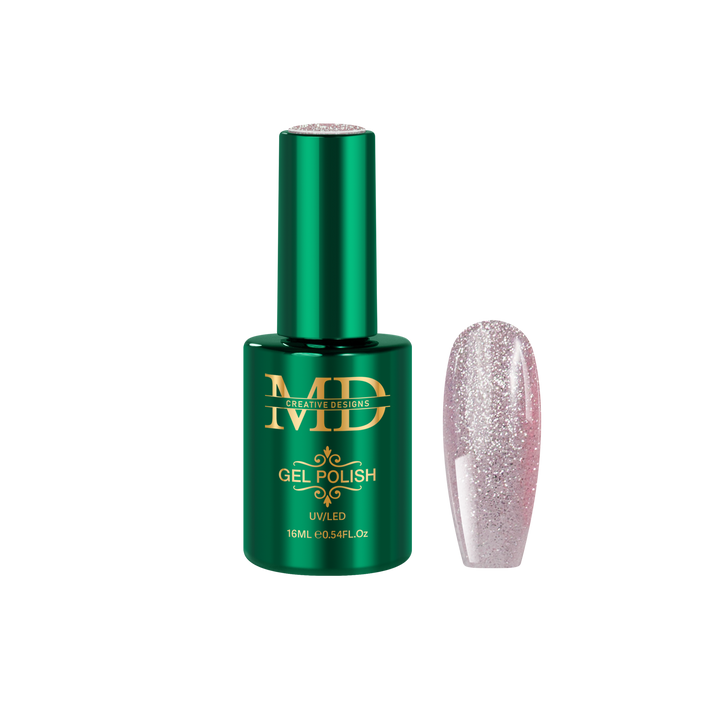 Green gel polish bottle with a glittery pink nail tip color swatch on a white background