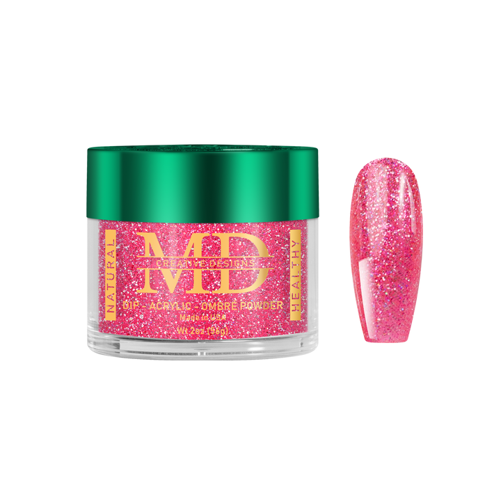 Pink glittery nail powder in a green container with &