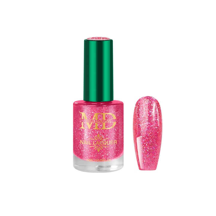 Pink glitter nail polish with green cap on a white background