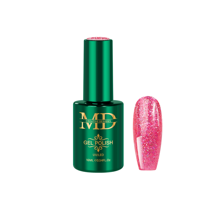Green gel polish bottle with pink glittery nail tip next to it on a white background