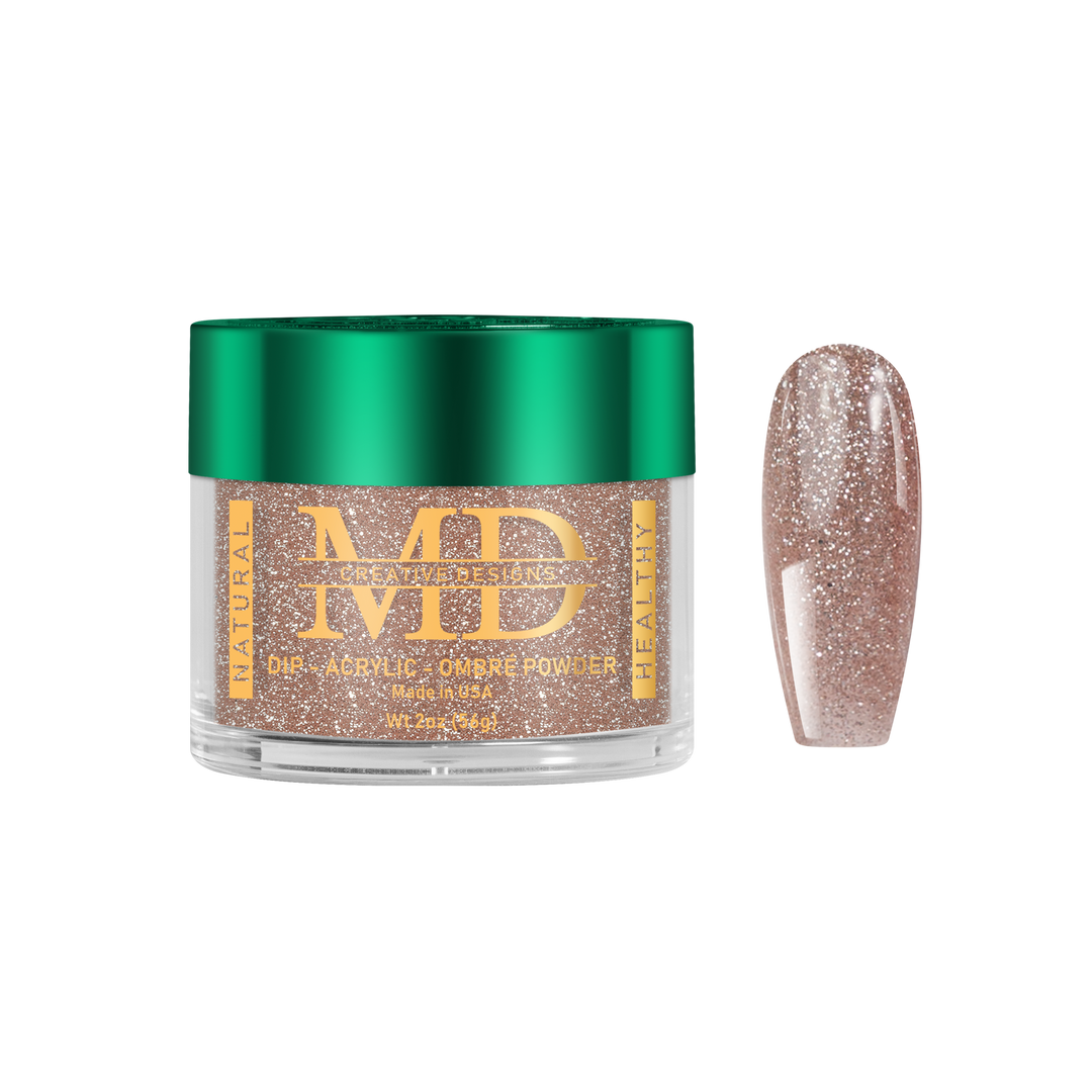 Jar of nail powder with a glittery nail tip color swatch on a white background