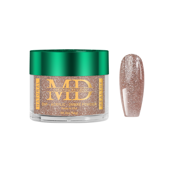 Jar of nail powder with a glittery nail tip color swatch on a white background