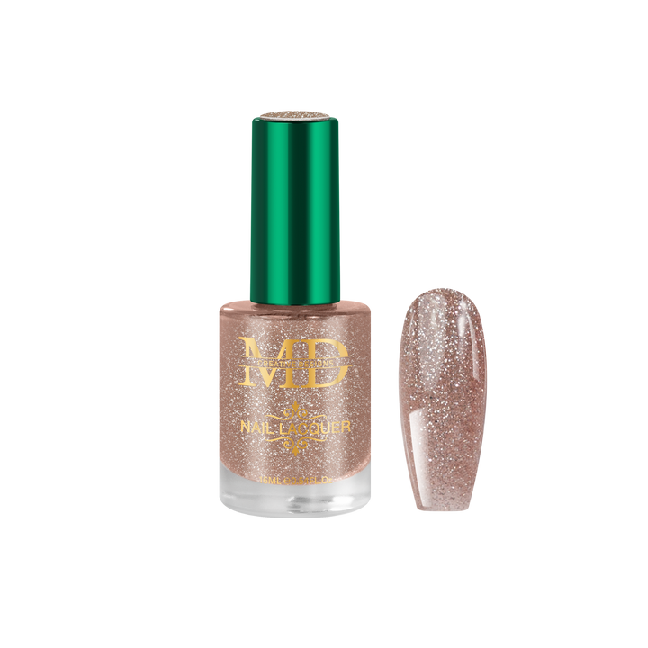 Nail polish bottle with glittery nail tip color swatch on a white background