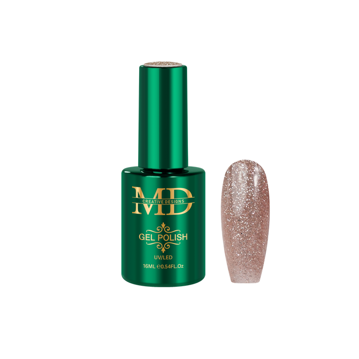 Green gel polish bottle with a glittery nail tip color swatch on a white background