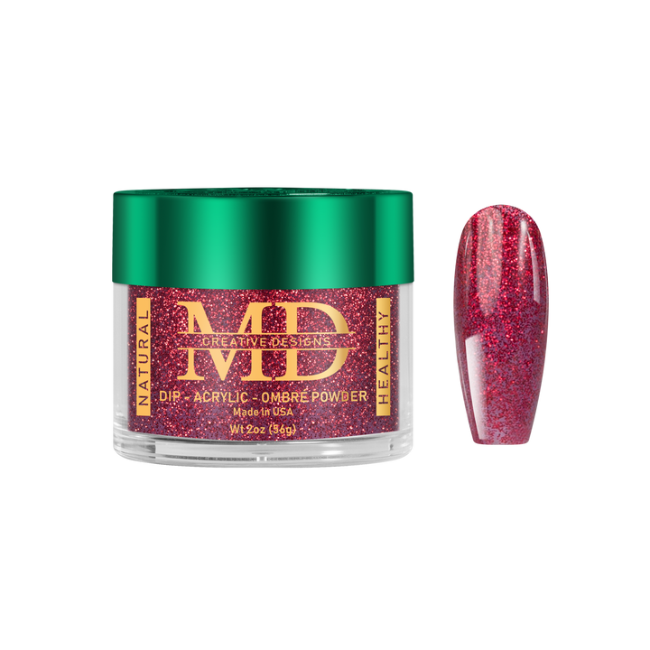Jar of red glittery nail powder with green lid on a white background