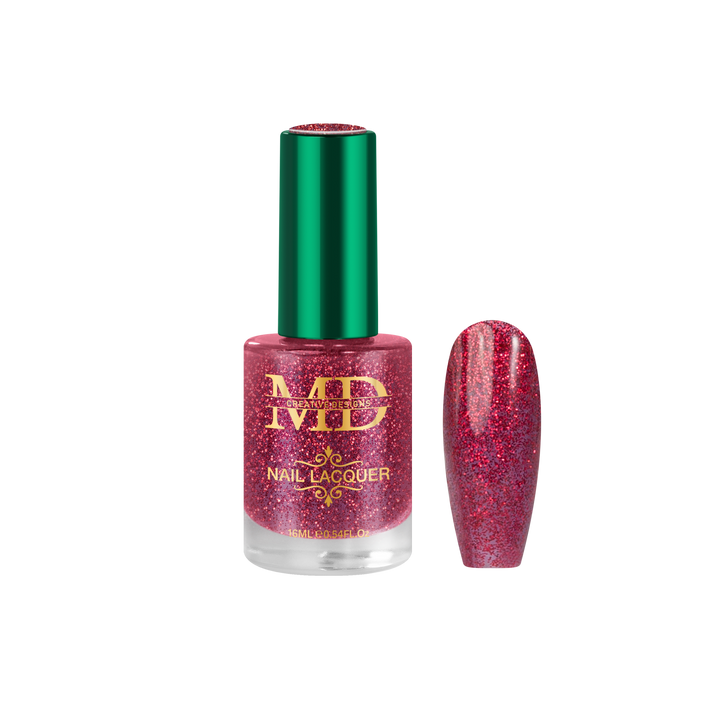 Pink glitter nail polish with green cap on a white background