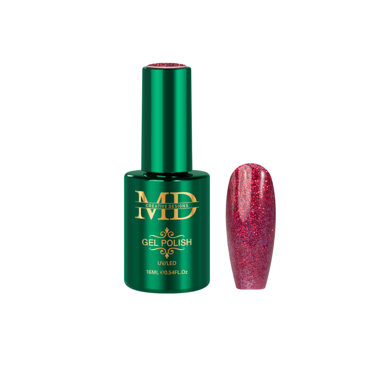 Green gel polish bottle with gold text and a pink glittery nail tip on a white background