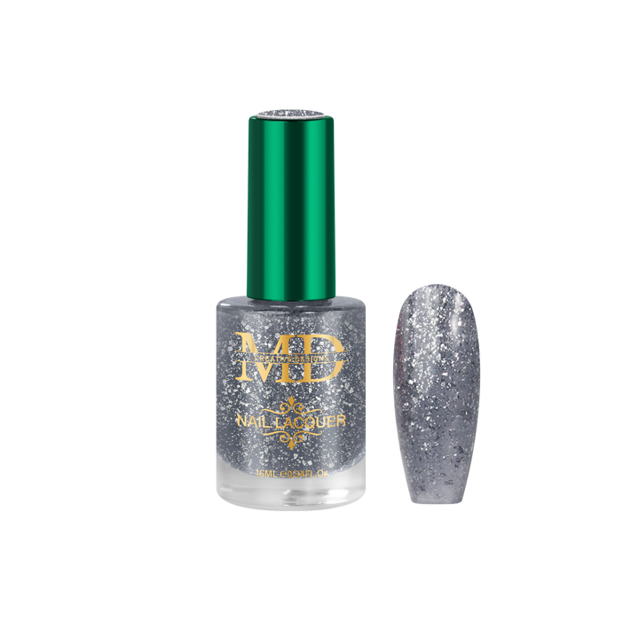 Silver nail polish bottle with green cap and glittery nail tip color swatch on white background