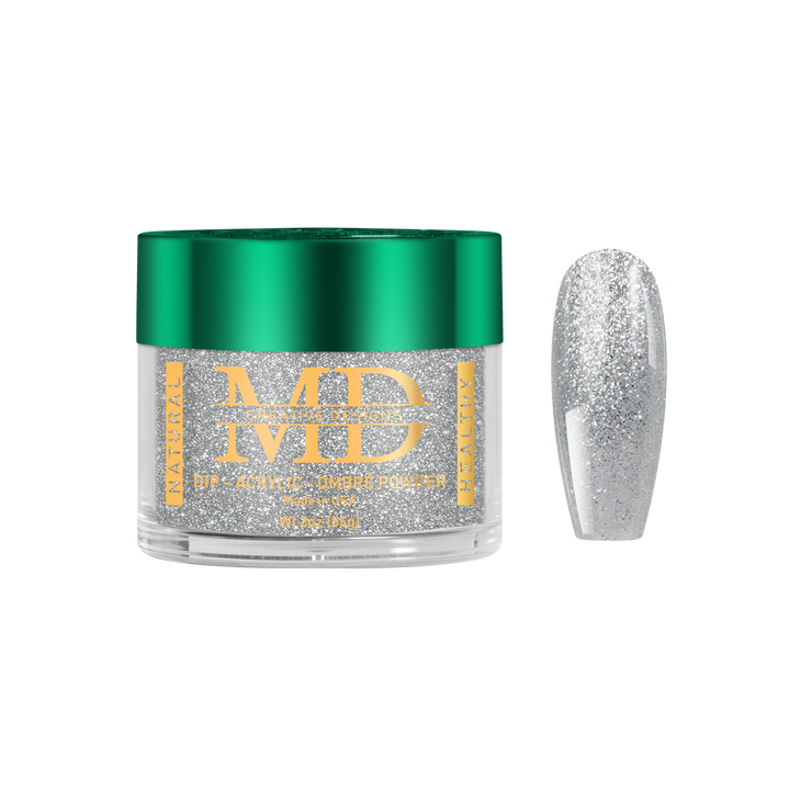 Jar of MD nail powder with a glittery silver nail tip on a white background