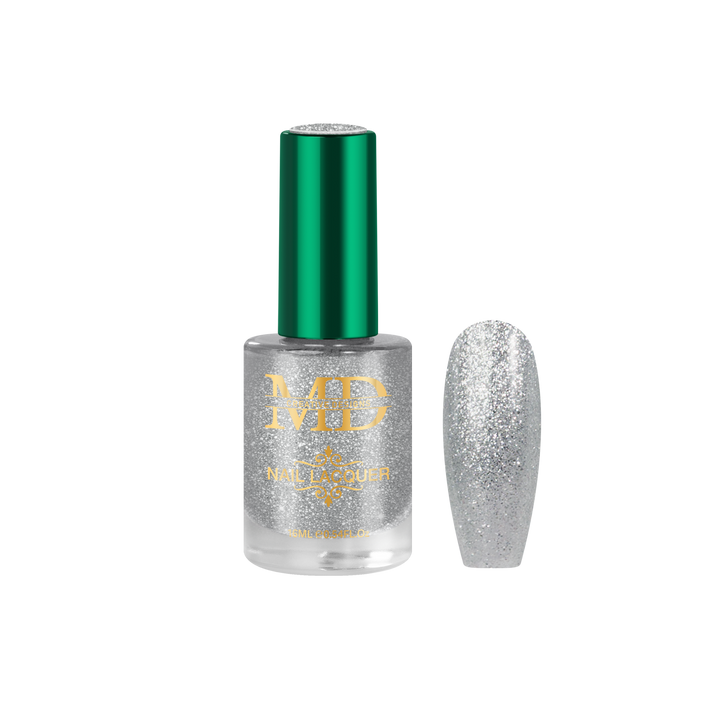 Silver glitter nail polish bottle with green cap on a white background
