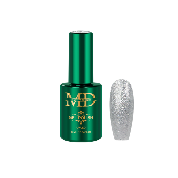 Green gel polish bottle with a glittery silver nail tip on a white background