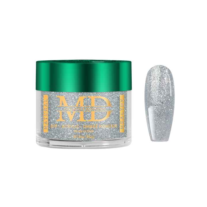 Jar of MD nail powder with a glittery silver nail tip on a white background
