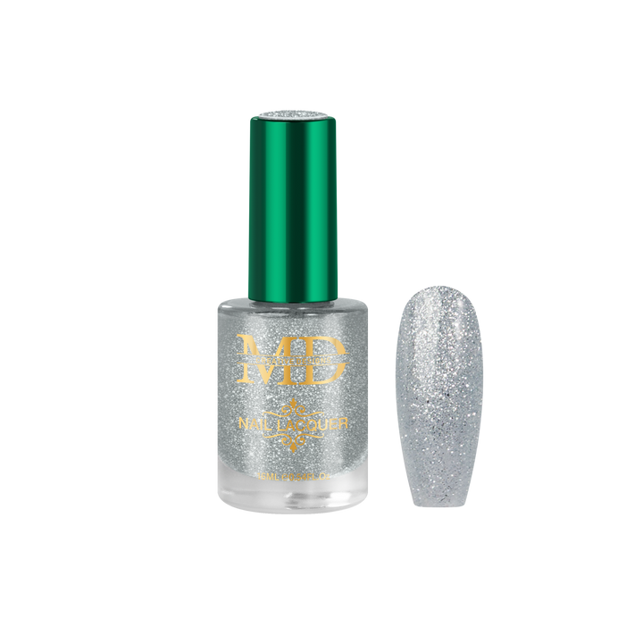 Silver glitter nail polish bottle with green cap on a white background