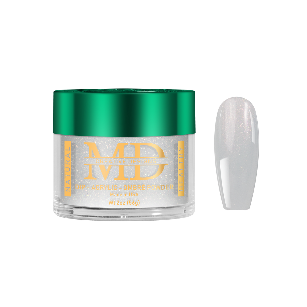 Jar of MD nail powder with a green lid and white nail tip color swatch on a white background