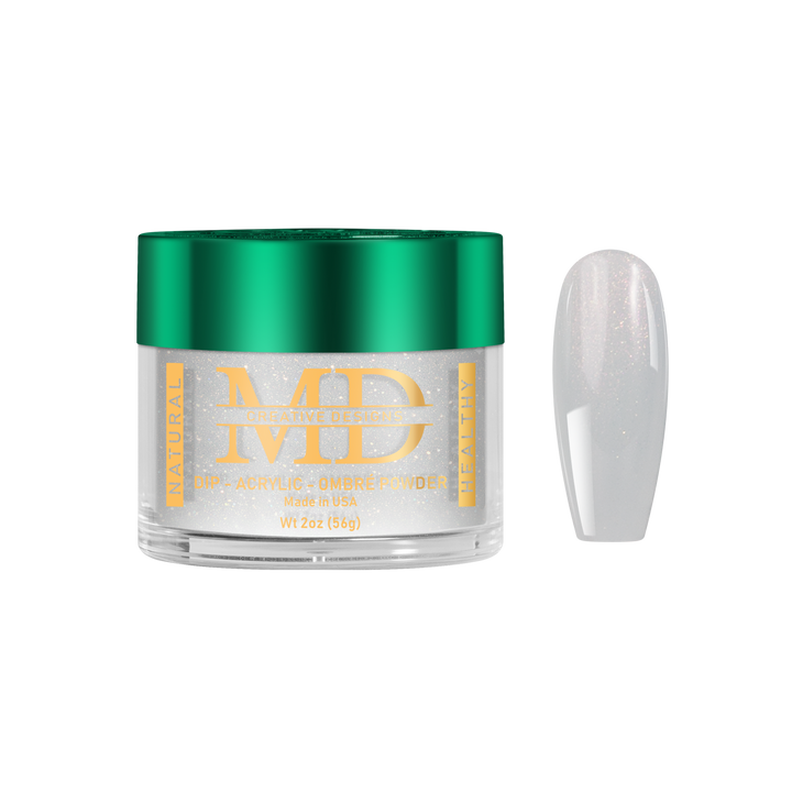Jar of MD nail powder with a green lid and white nail tip color swatch on a white background