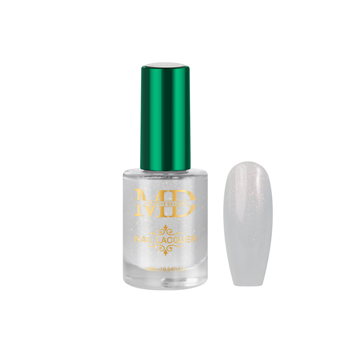 Nail polish bottle with green cap and gold text on a white background