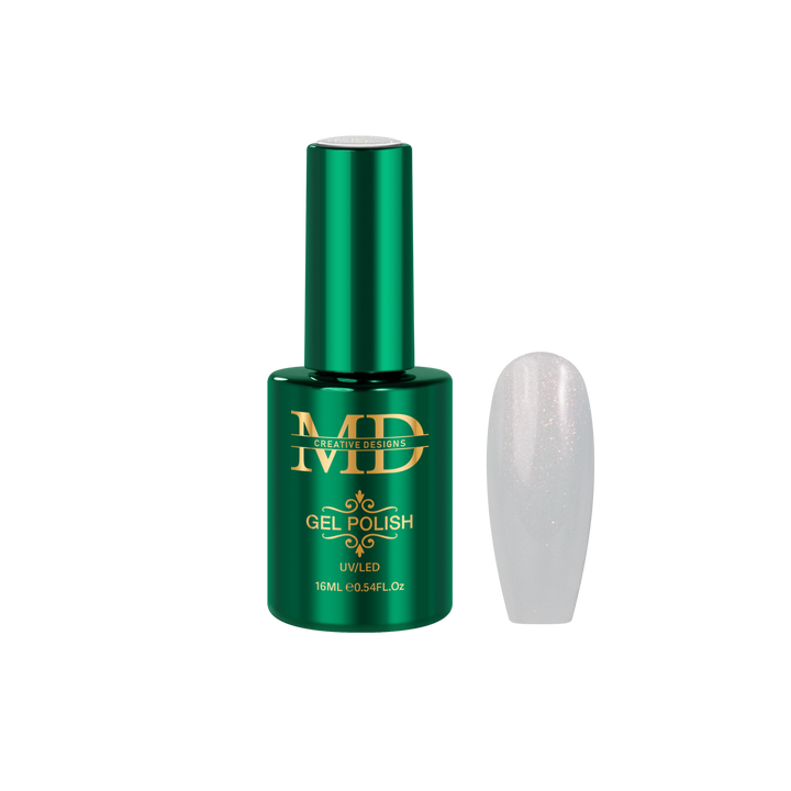 Green gel polish bottle with a white nail tip color swatch on a white background