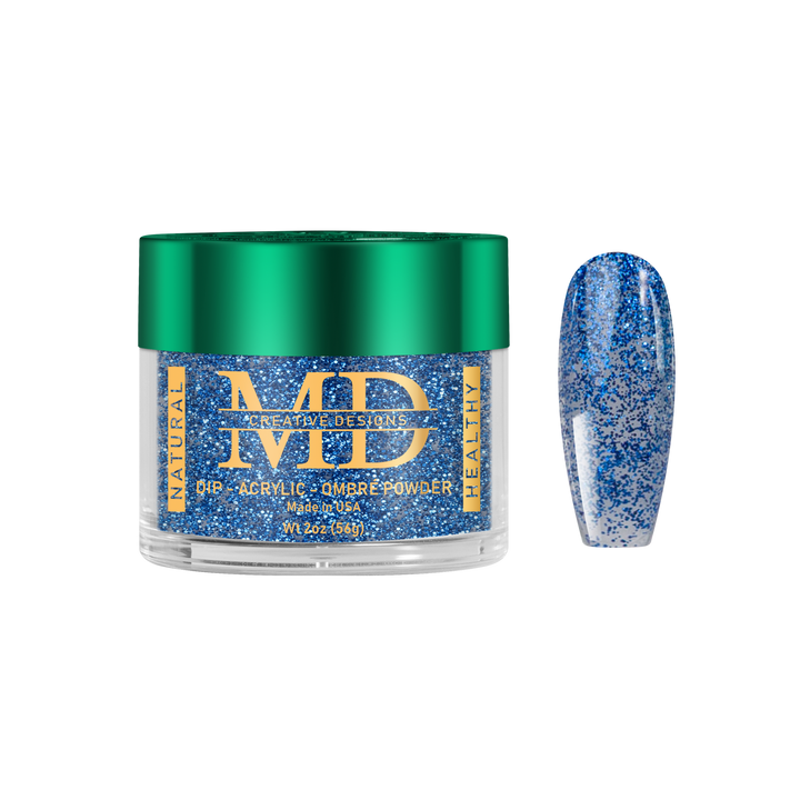Jar of blue glittery powder with a nail tip color swatch on a white background