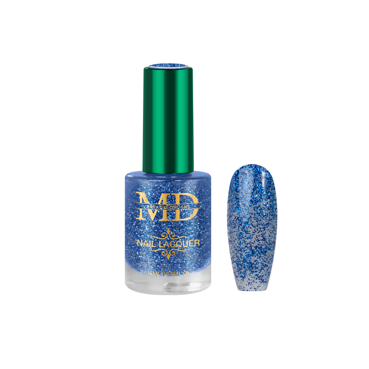 Blue nail polish bottle with green cap on a white background