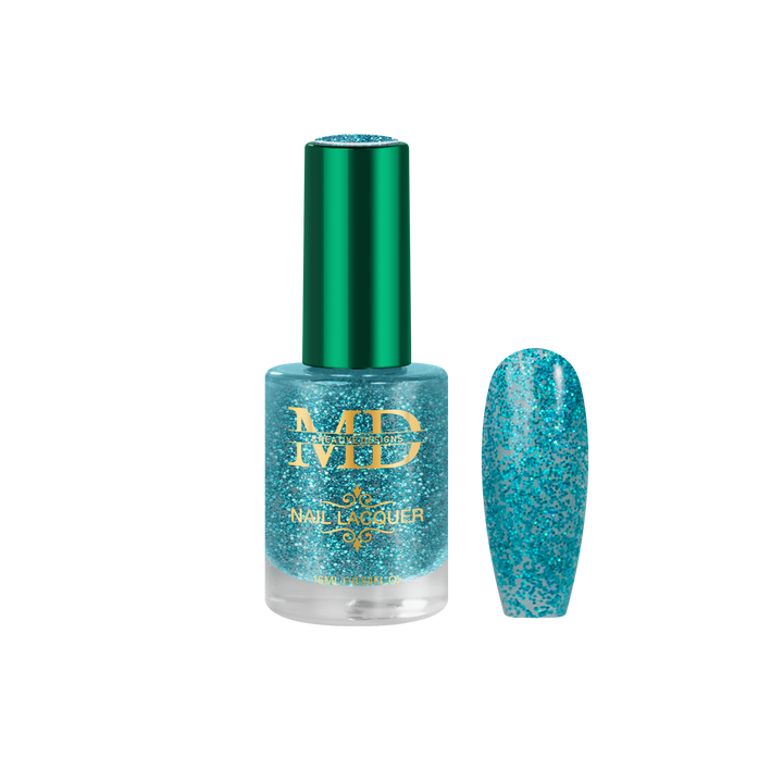Blue glittery nail polish bottle with green cap on a white background