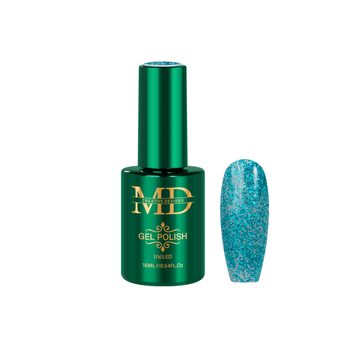 Green gel polish bottle with a matching nail tip color swatch on a white background